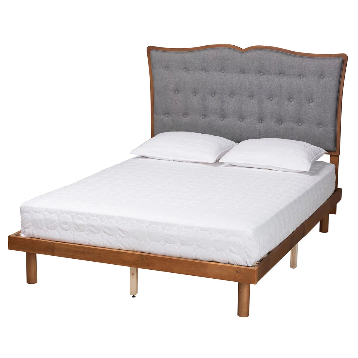 Grey Fabric Walnut Brown Wood King Size Platform Bed T5209
