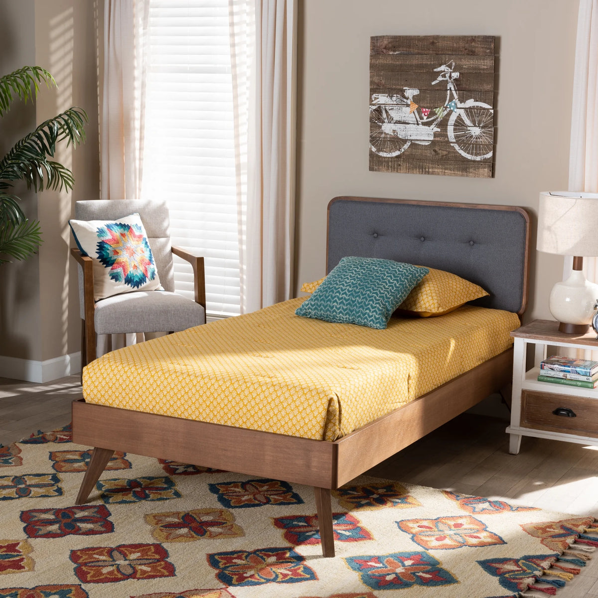Twin Dark Grey Walnut Brown Upholstered Tufted Platform Bed X950