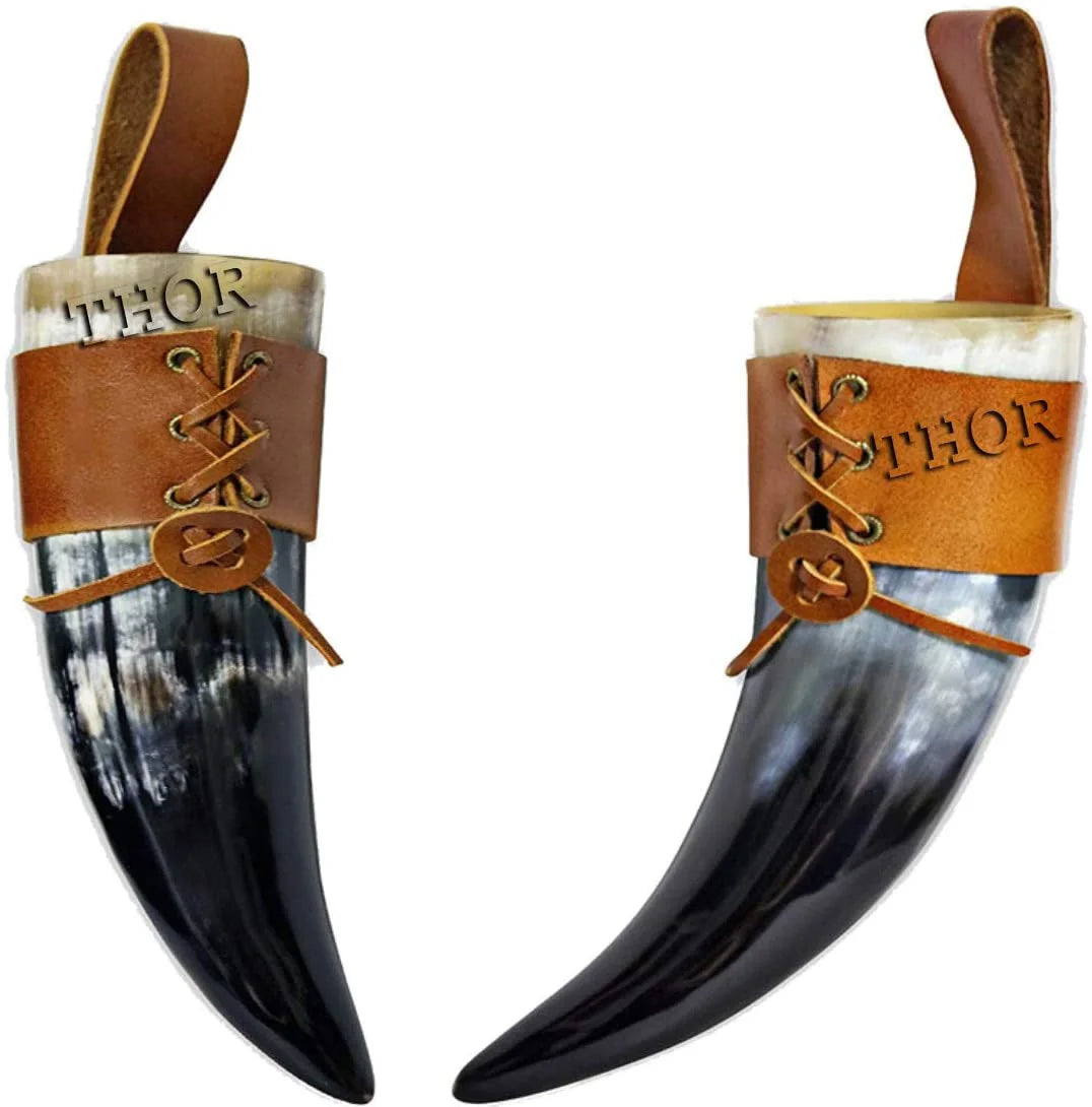 Viking Drinking Horn Mug Cup with Brown Leather Holster Q7012