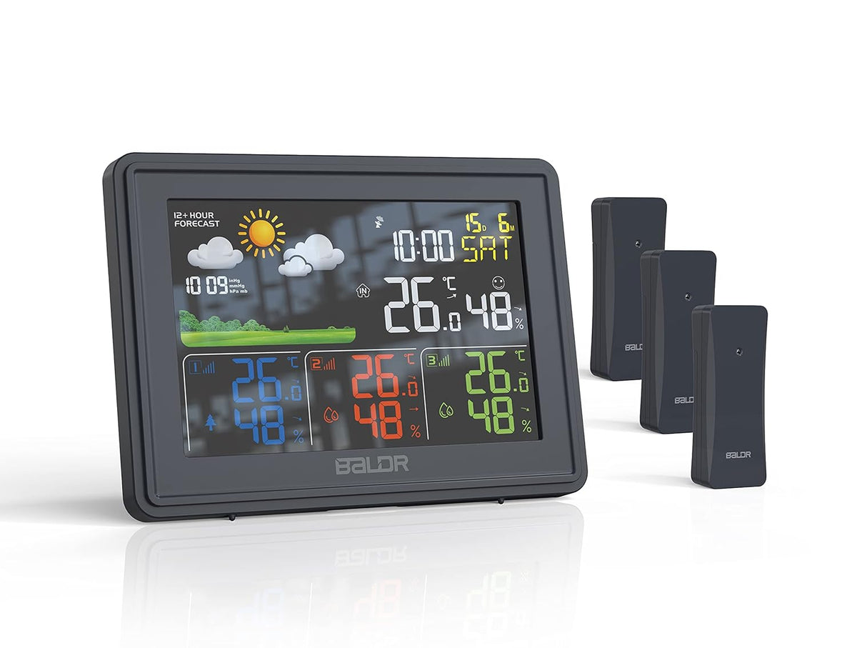Weather Station with 3 Wireless Remote Sensors, Atomic Alarm Clock, Humidity Monitor, Large LCD Display F735706