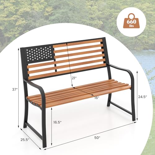 50” 2-Person Metal Patio Bench with Flag Pattern Backrest G546