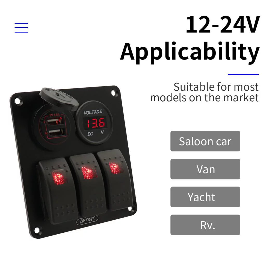 3 Gang Switch Panel with Digital Voltmeter F210866