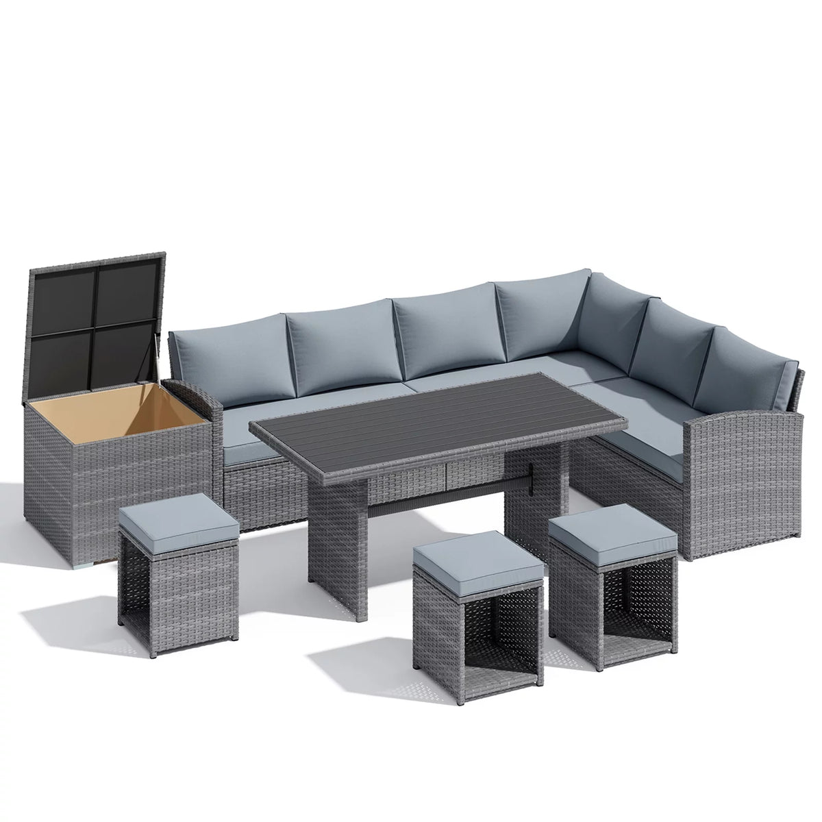 8 Piece Wicker Patio Furniture Set with Dining Table and Gray Cushions P644723