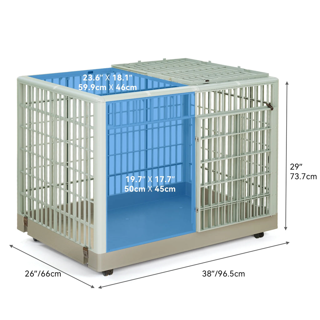 38" ABS Plastic Dog Crate Kennel Cage with Lockable Wheels and Double Door B17454