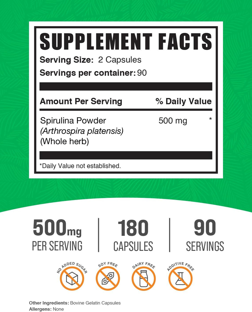 Spirulina Capsules 500mg, 180 Capsules E785591