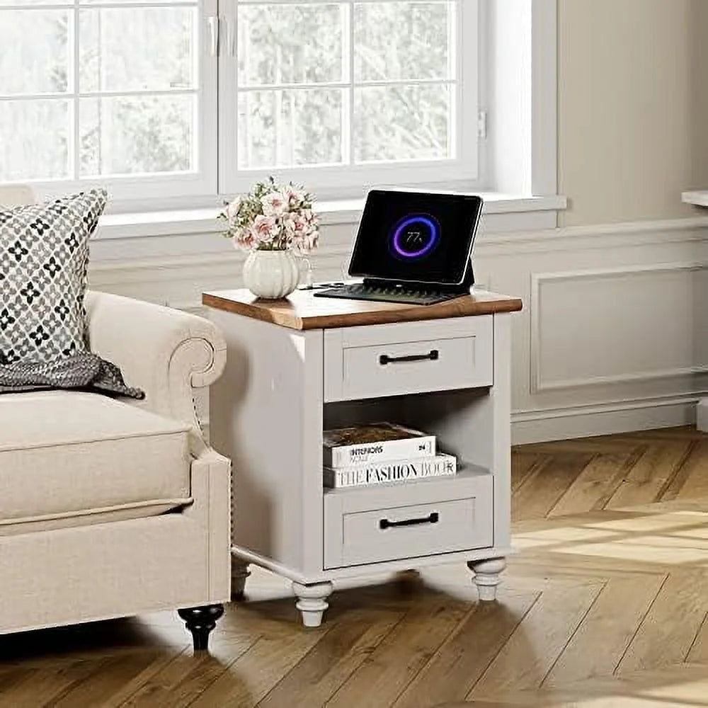 Antique White Nightstand with Charging Station and 2 Drawers C26234
