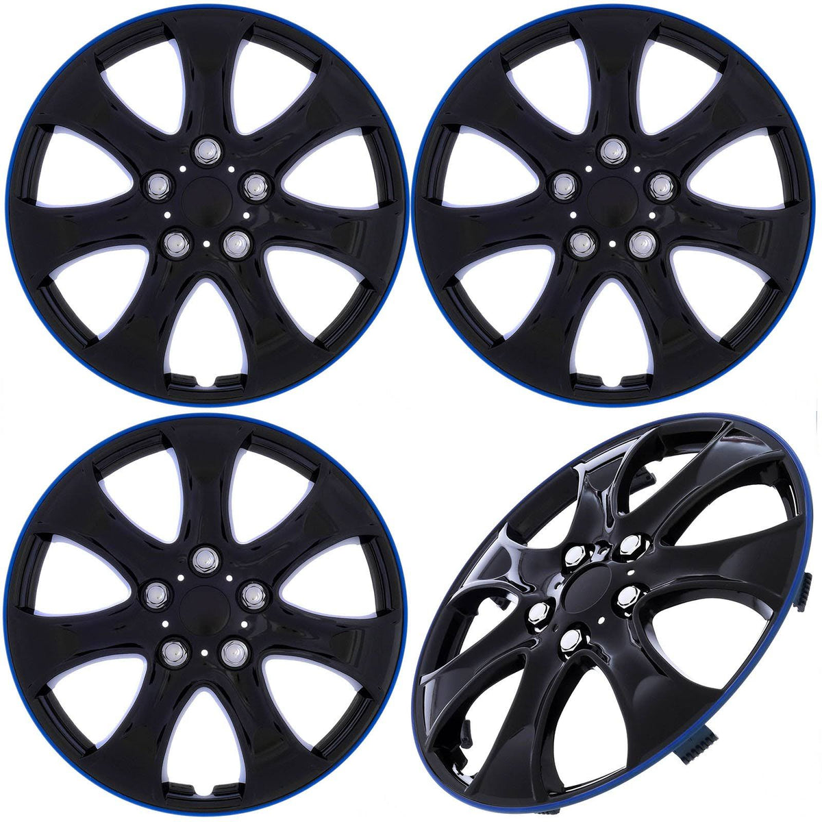 15 Shiny Black w/ Blue Trim Hub Caps Wheel Covers H997