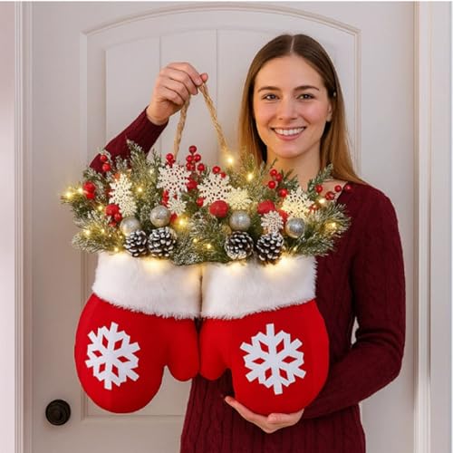 Christmas Mitten Wreath with 120 LED Lights and Timer H6041