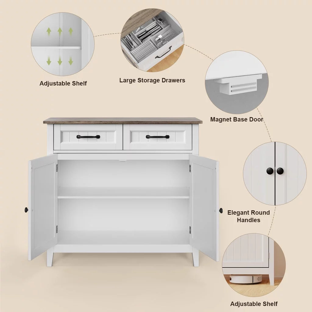 Grey Kitchen Sideboard Buffet Cabinet with Drawers and Adjustable Shelf L1608