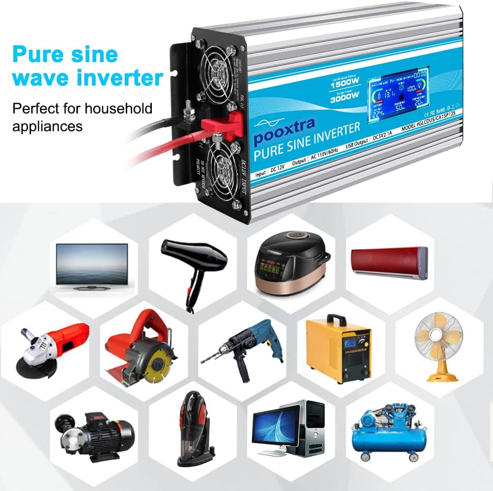 1500 Watt Pure Sine Wave Power Inverter 12V DC to 110V AC with LCD Display USB Port 4 AC Outlets O800