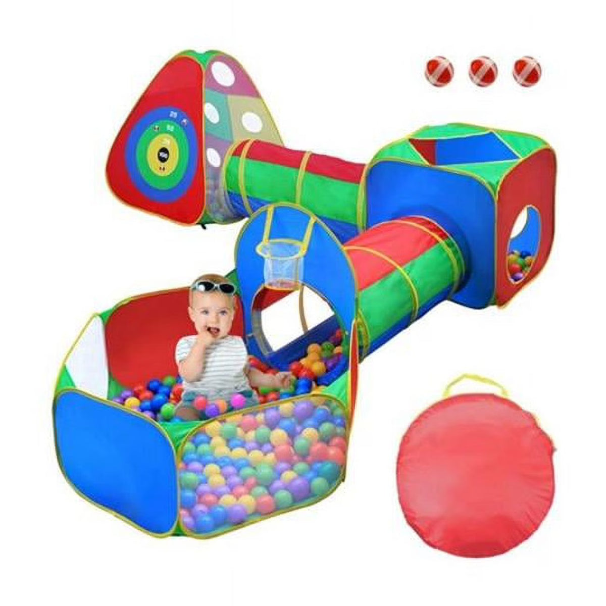 Ball Pit Tents Pop Up Playhouse with 2 Crawl Tunnel & 2 Tent, Multi Color - 5 Piece R312