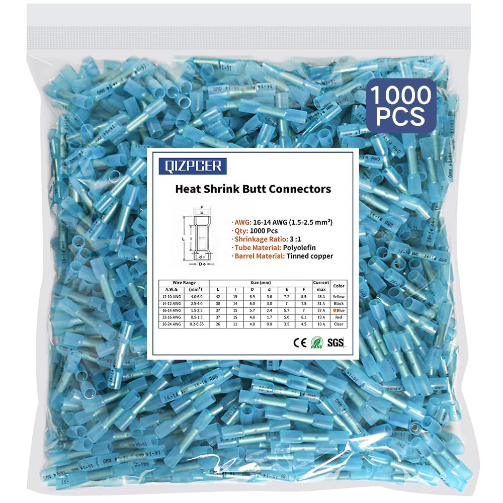 1000 Pcs Blue 16-14 AWG Waterproof Heat Shrink Butt Connectors V757979