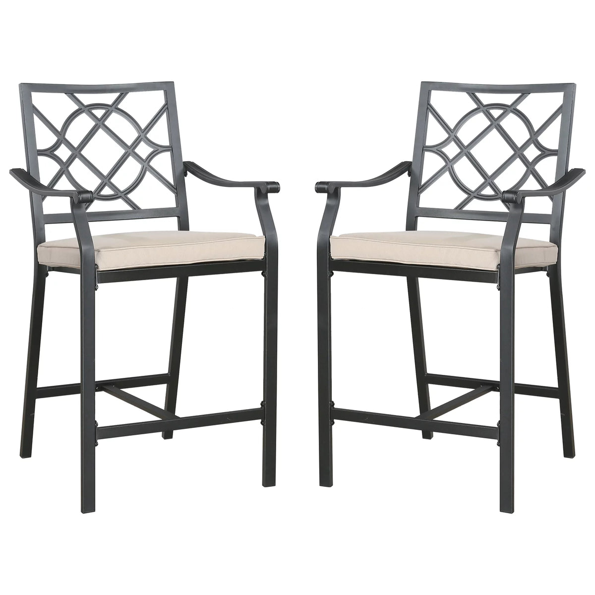 Metal Patio Counter Height Bar Stools with Beige Cushion, Set of 2 H8212
