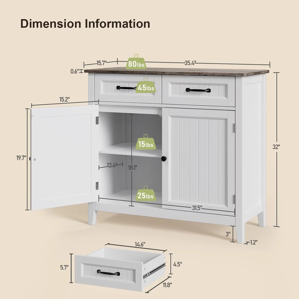 Grey Kitchen Sideboard Buffet Cabinet with Drawers and Adjustable Shelf L1608