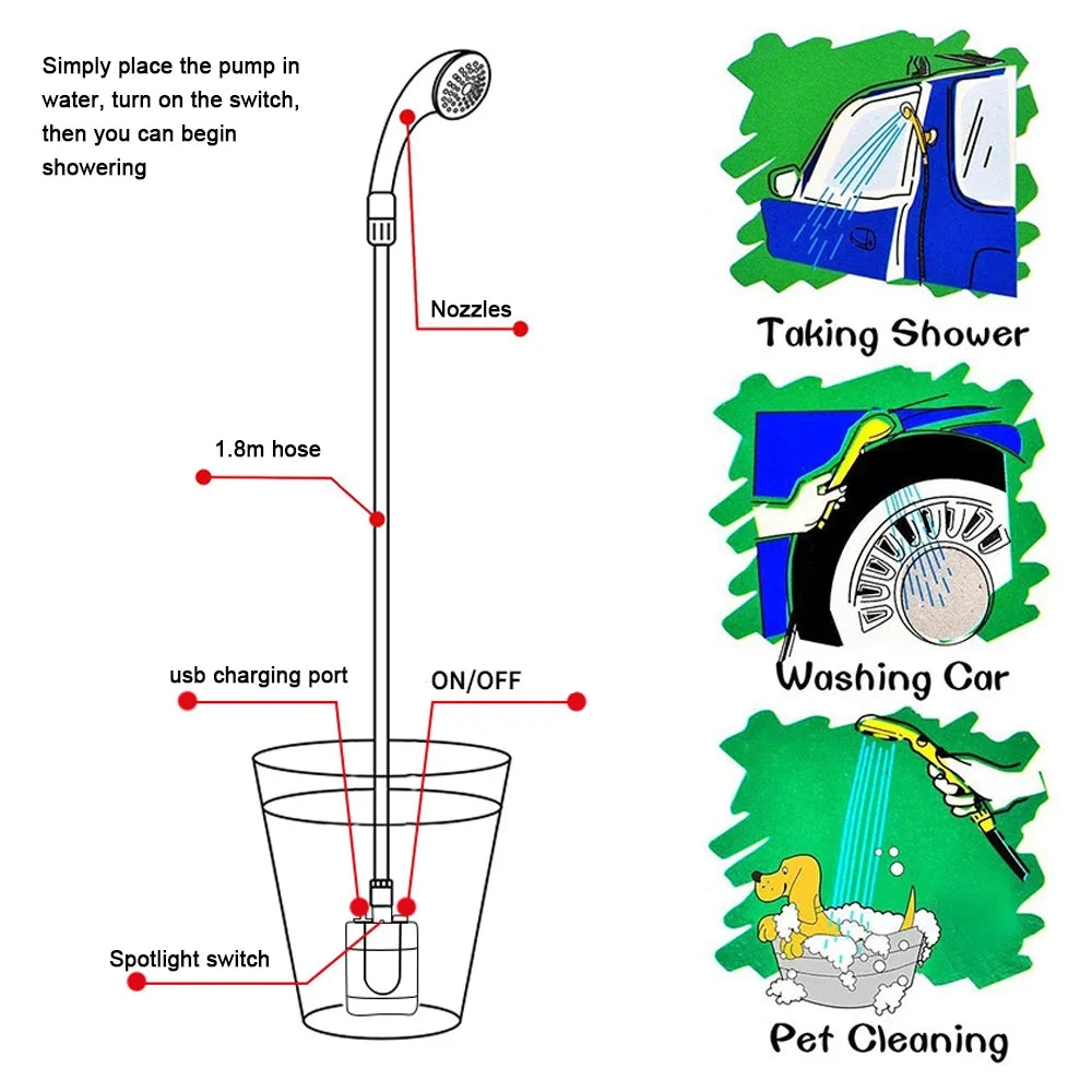 Portable Shower Camping Shower Handheld Electric USB Rechargeable Showerhead R3091