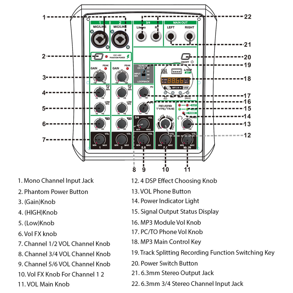 6 Channel USB Audio Mixer with MP3 Player H40606