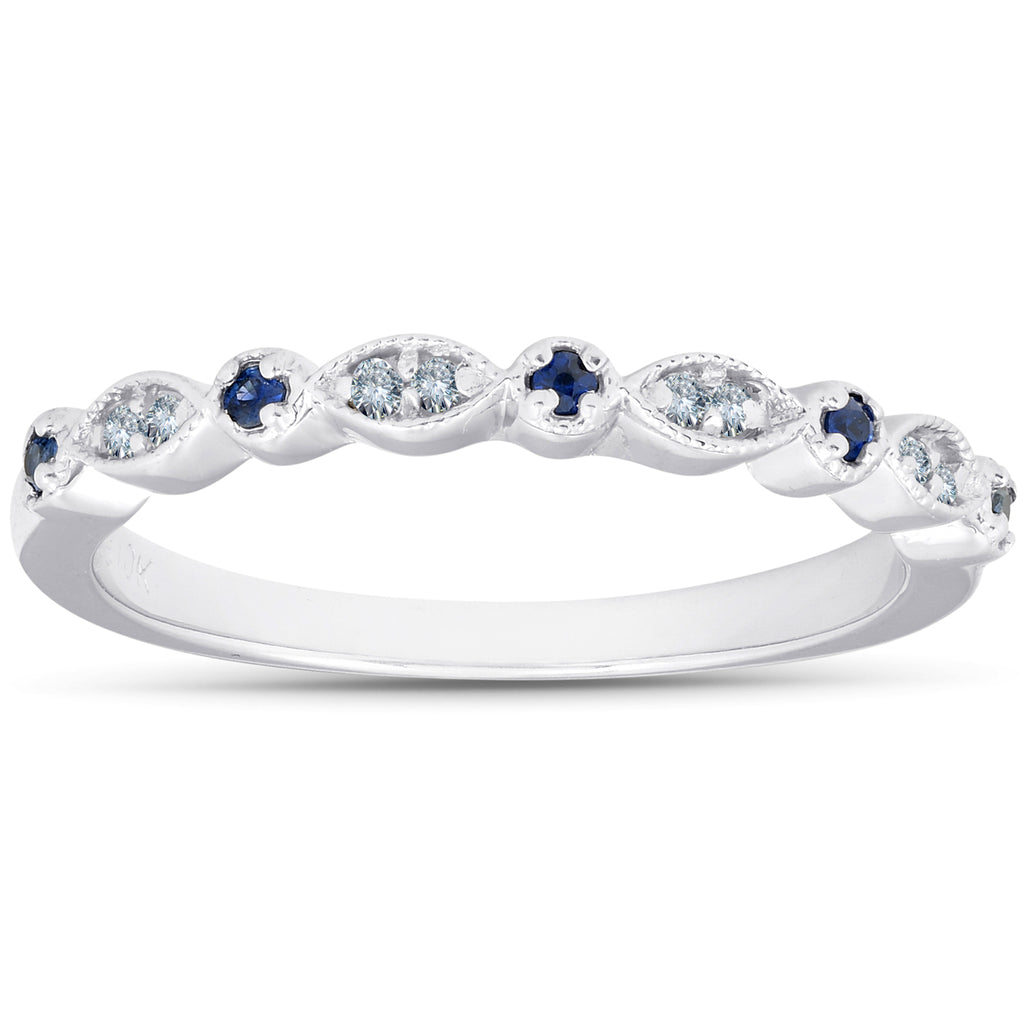 1/5 ct Blue Sapphire & Diamond Wedding Ring Stackable Band 10k White Gold Z723584