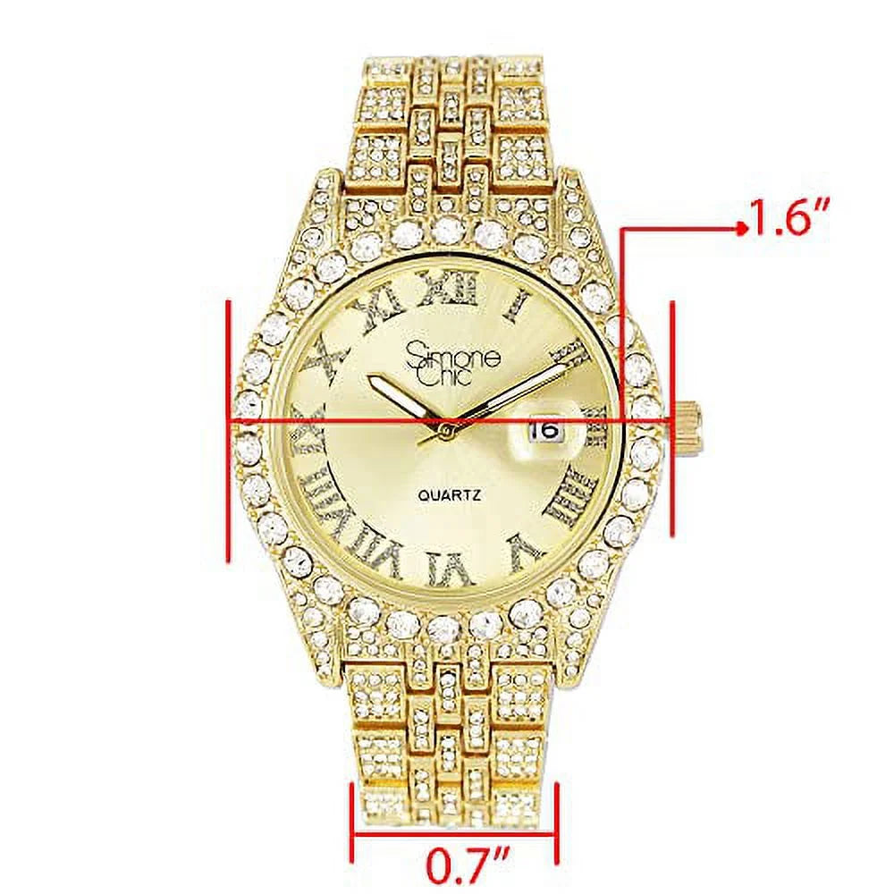 Fully Iced Out Diamond Watch with Roman Numerals Date and Colorful Dials Q649