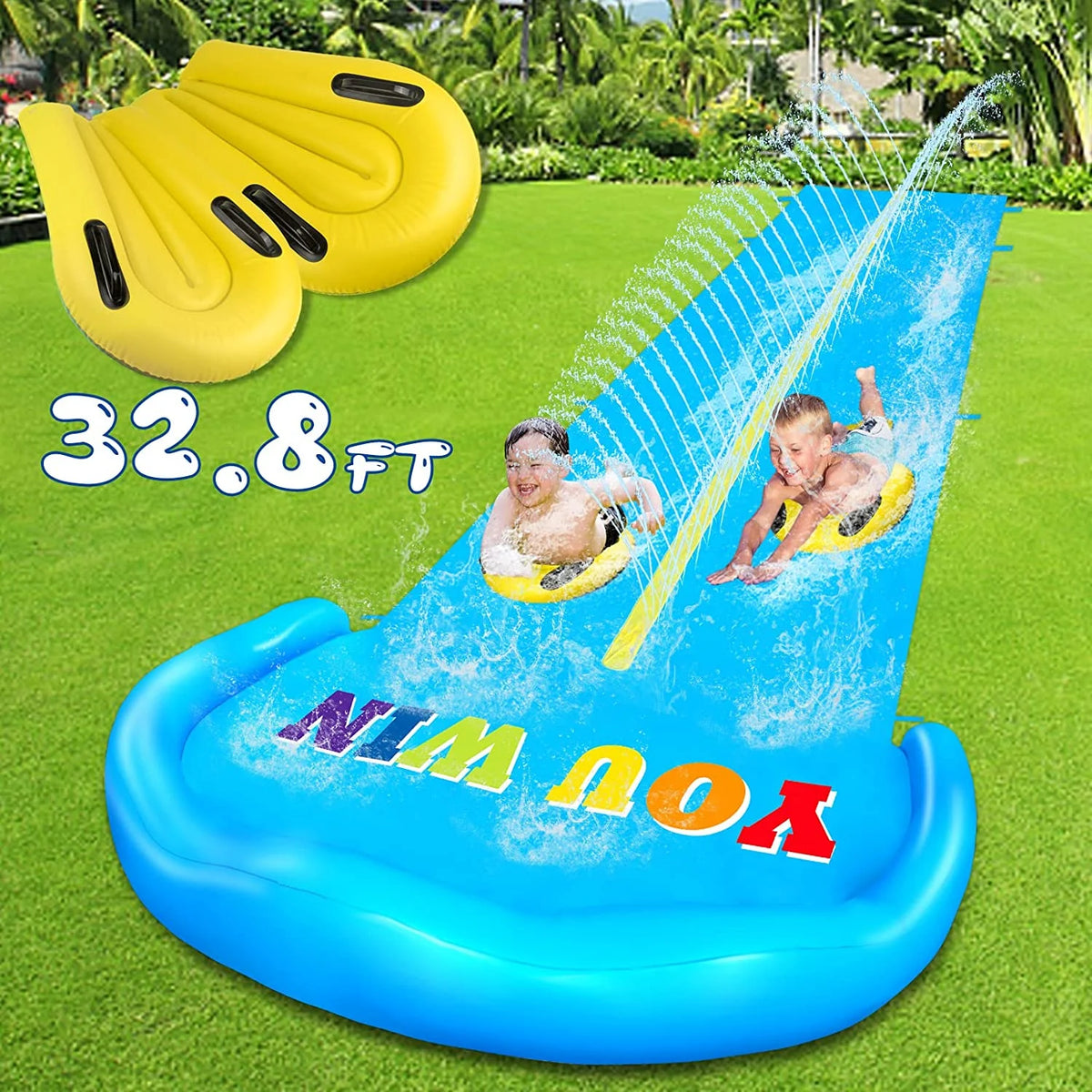 32.8FT Inflatable Water Slide with 2 Bodyboards & 2 Racing Lanes U567207