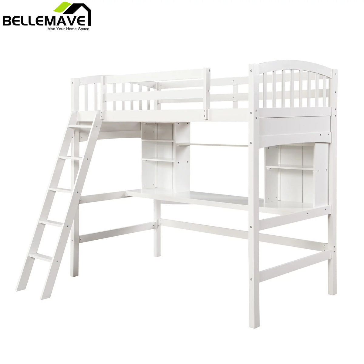 Twin Size High Loft Bed with Storage Shelves, Desk and Ladder Solid Wood Bed Frame with Safety Guardrails White M345