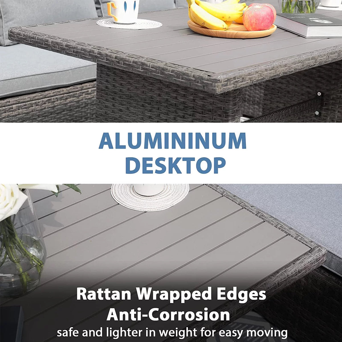 8 Piece Wicker Patio Furniture Set with Dining Table and Gray Cushions P644723