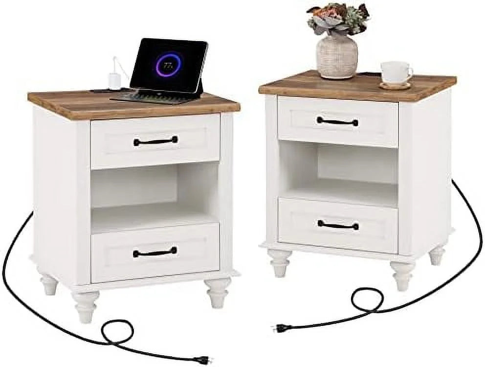 Antique White Nightstand with Charging Station and 2 Drawers C26234