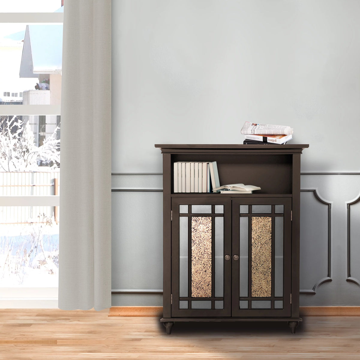 Wooden Bathroom Floor Cabinet with Glass Doors Y41824
