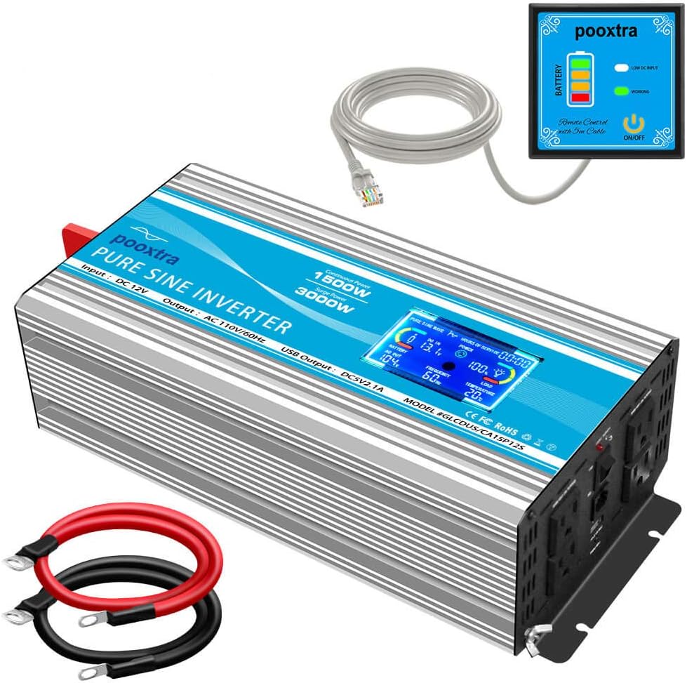 1500 Watt Pure Sine Wave Power Inverter 12V DC to 110V AC with LCD Display USB Port 4 AC Outlets O800