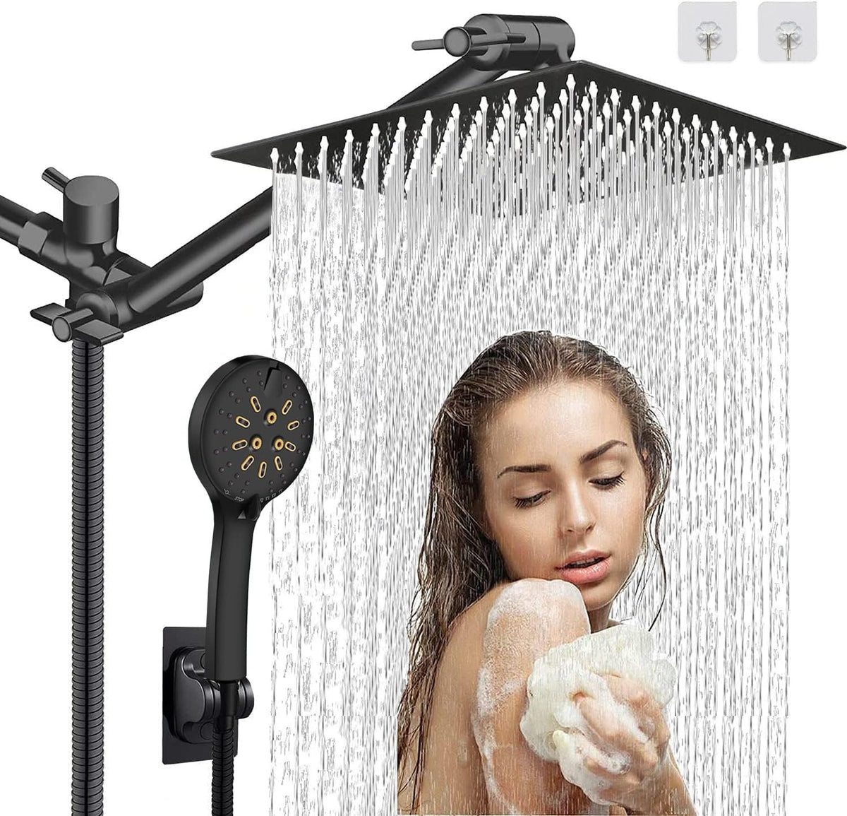 12'' Rain Shower Head Combo with 6-Function Hand Shower, 13'' Extension Arm, 78'' Hose, Black, Pack of 2 H695201