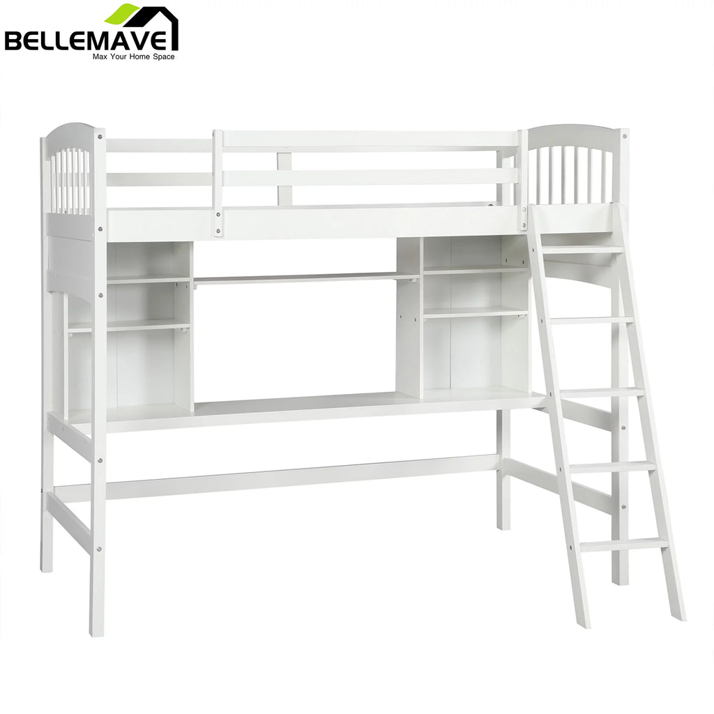 Twin Size High Loft Bed with Storage Shelves, Desk and Ladder Solid Wood Bed Frame with Safety Guardrails White M345