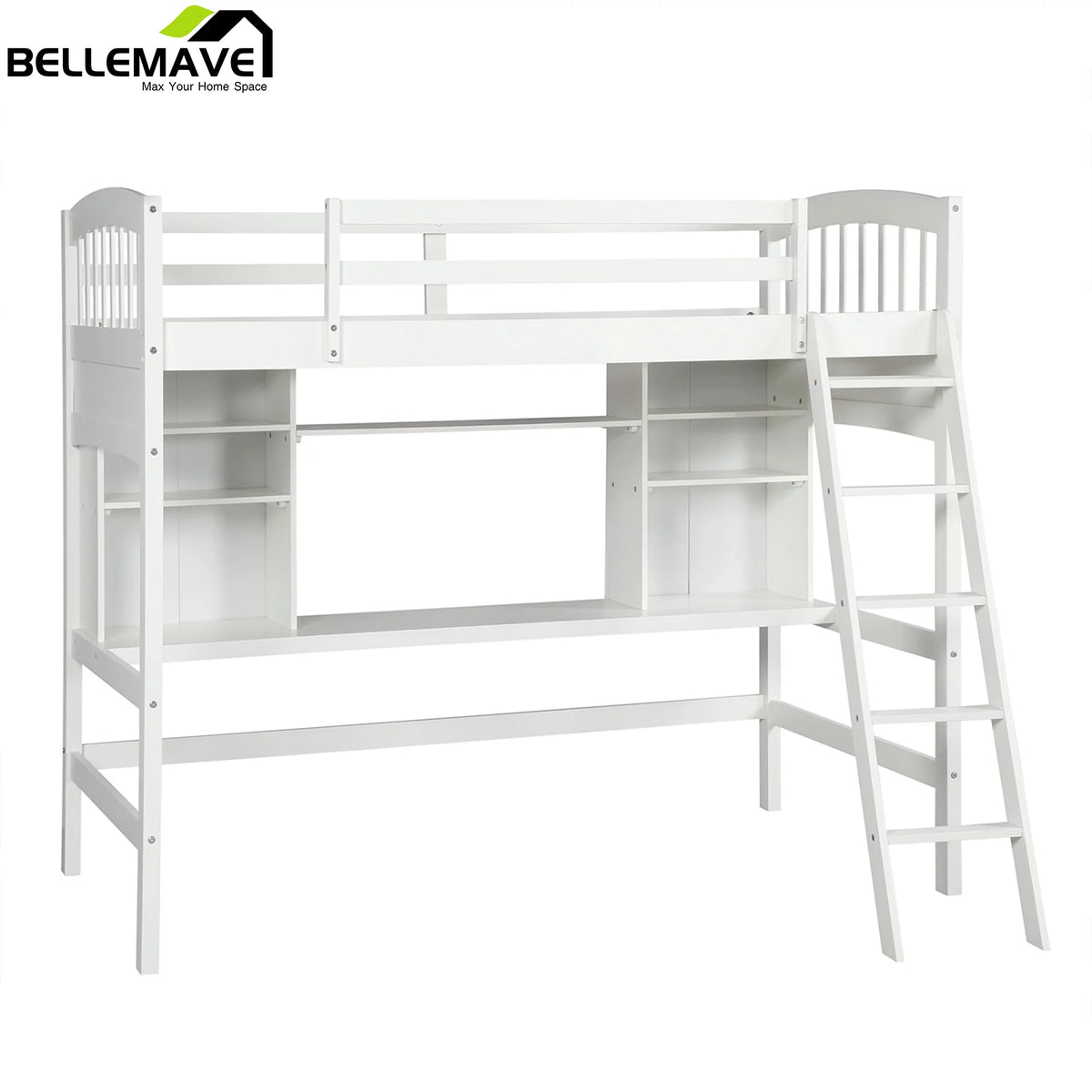 Twin Size High Loft Bed with Storage Shelves, Desk and Ladder Solid Wood Bed Frame with Safety Guardrails White M345