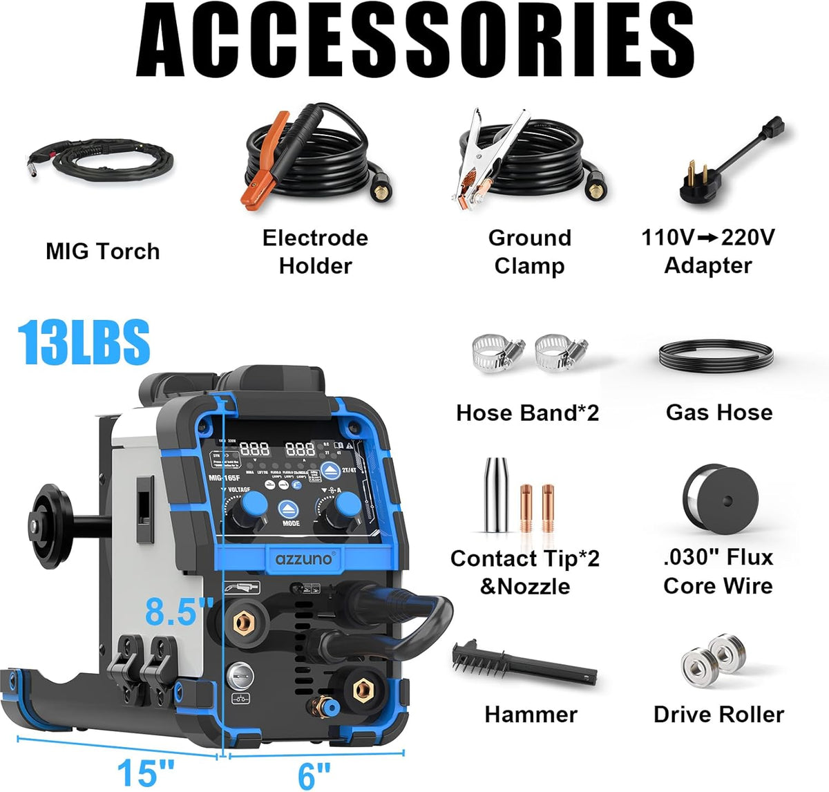 Aluminum MIG Welder 165Amp Dual Voltage 110V/220V 5-in-1 Welder Machine Gasless MIG/Gas MAG/Aluminum MIG/Stick/Lift TIG Welding Z206