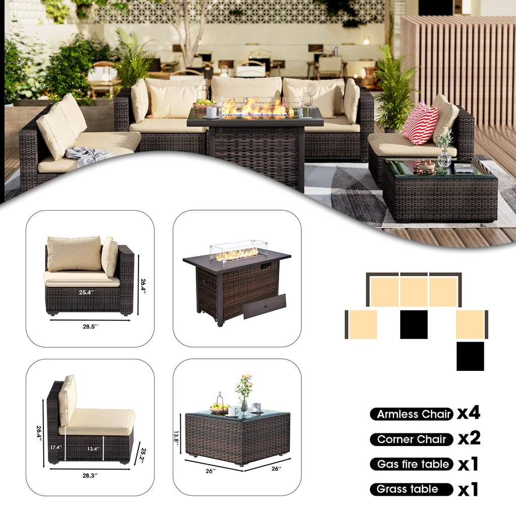 8 Pieces All Weather Wicker Sectional Sofa Set with Black-Glass Table B987