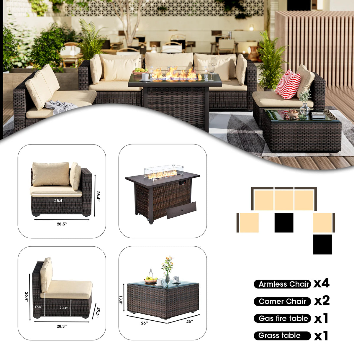 8 Pieces All Weather Wicker Sectional Sofa Set with Black-Glass Table B987