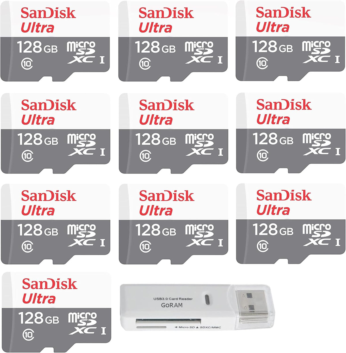 128GB 10 Pack MicroSD Class 10 100MB/s Micro SDXC Memory Card with Reader H723