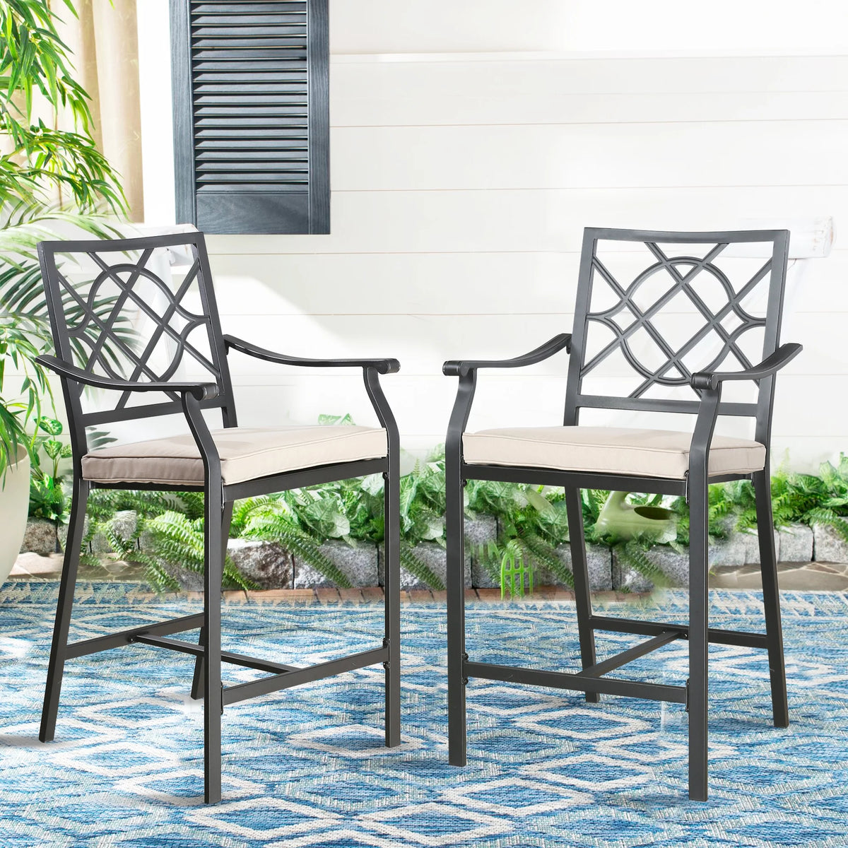 Metal Patio Counter Height Bar Stools with Beige Cushion, Set of 2 H8212