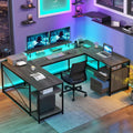 L Shaped Desk with Power Outlets & LED Lights, Reversible Computer Desk with Drawers & Storage Shelves, Gray B367