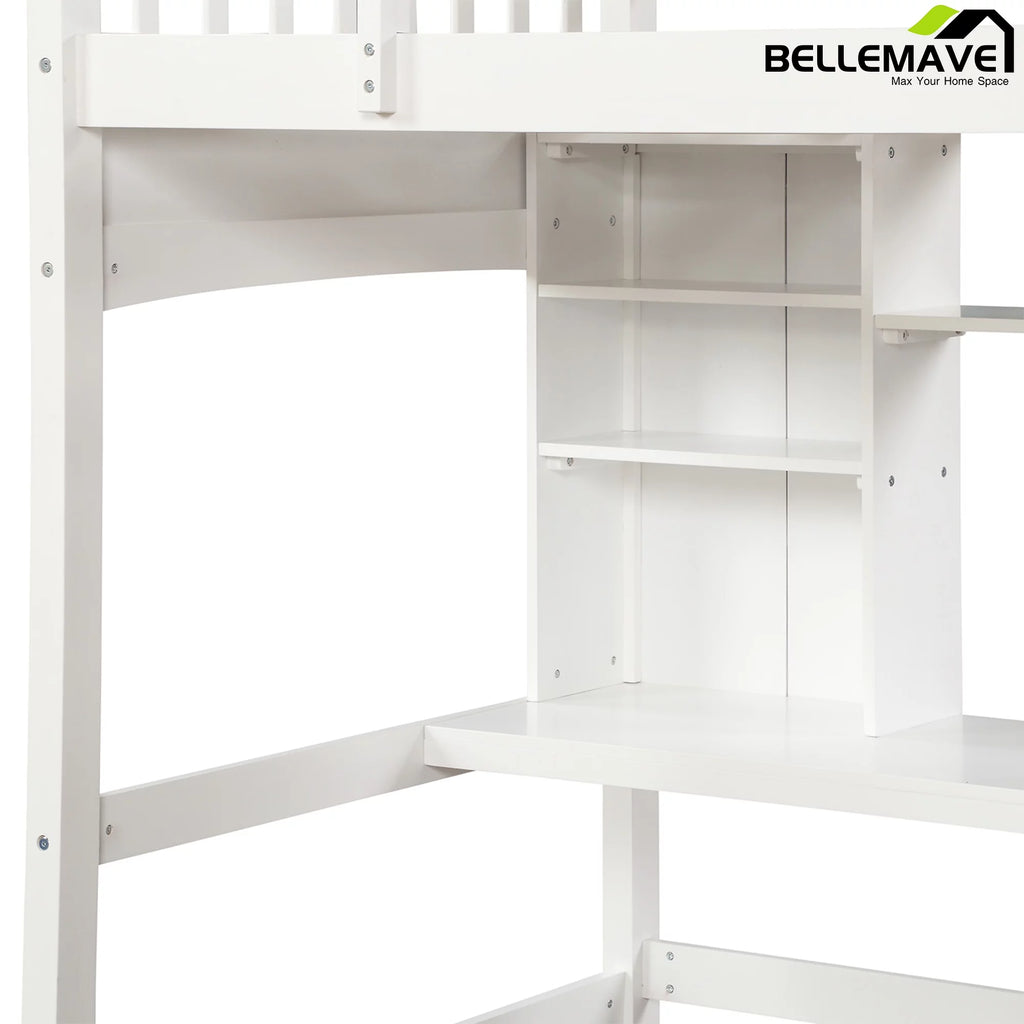 Twin Size High Loft Bed with Storage Shelves, Desk and Ladder Solid Wood Bed Frame with Safety Guardrails White M345