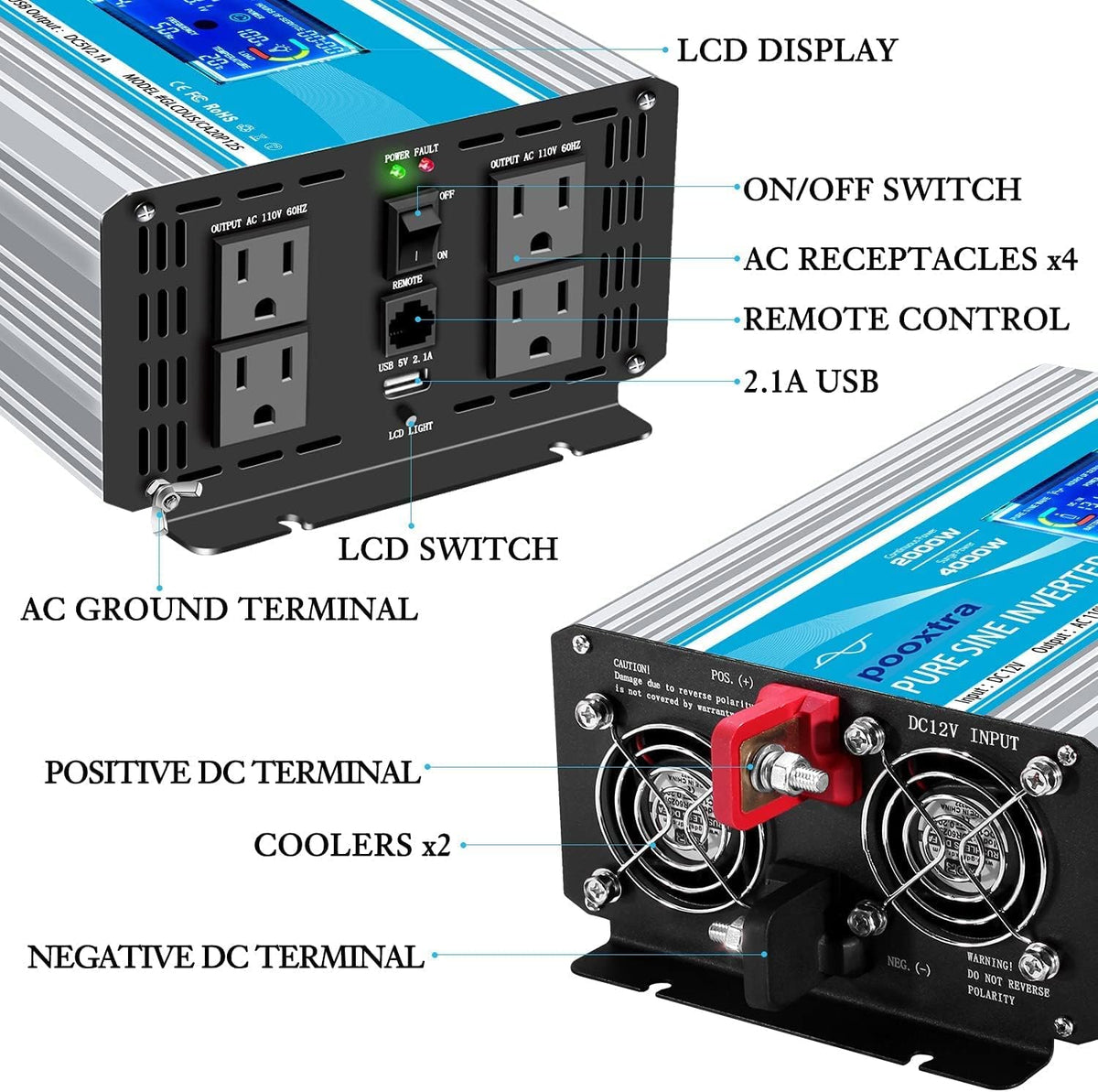 1500 Watt Pure Sine Wave Power Inverter 12V DC to 110V AC with LCD Display USB Port 4 AC Outlets O800