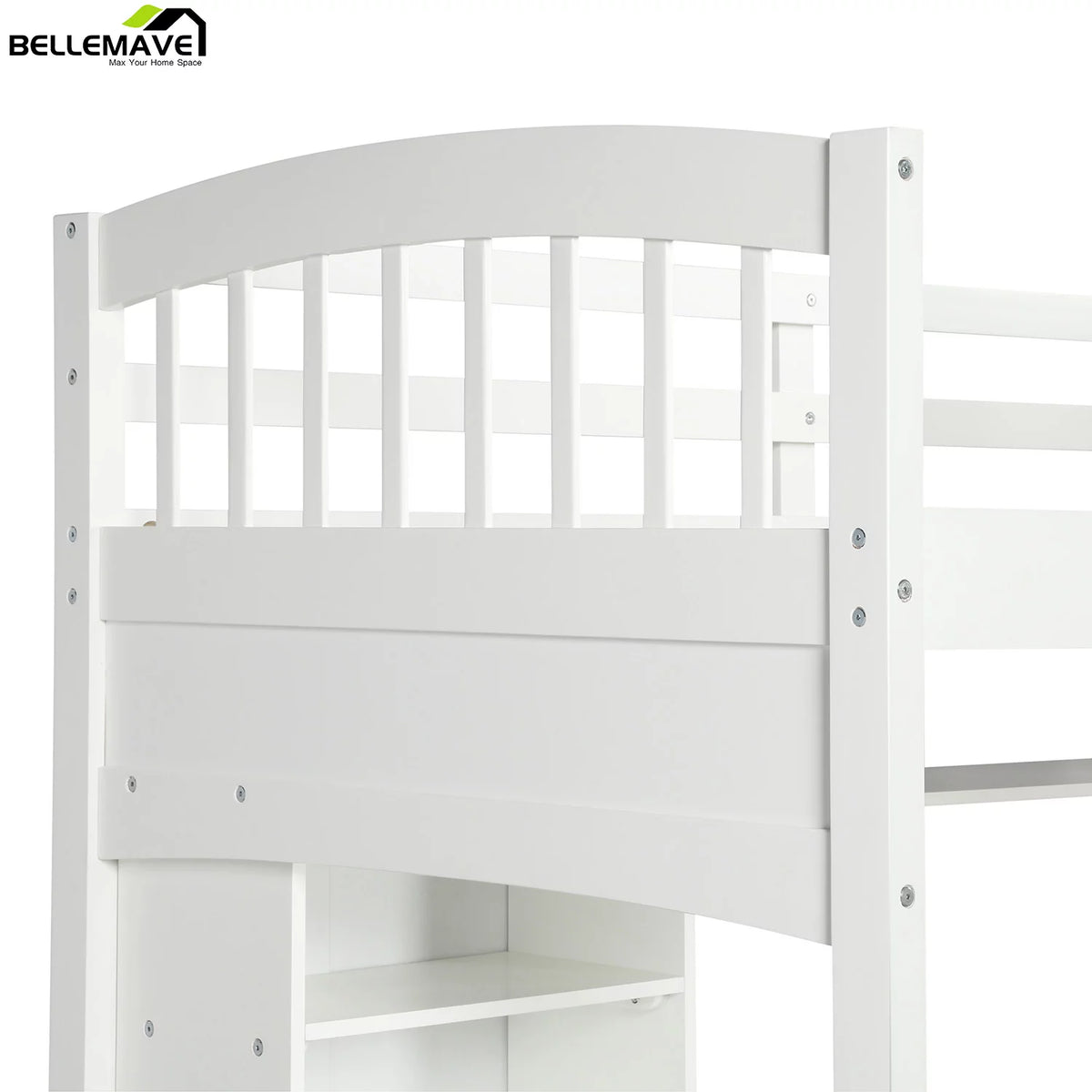 Twin Size High Loft Bed with Storage Shelves, Desk and Ladder Solid Wood Bed Frame with Safety Guardrails White M345