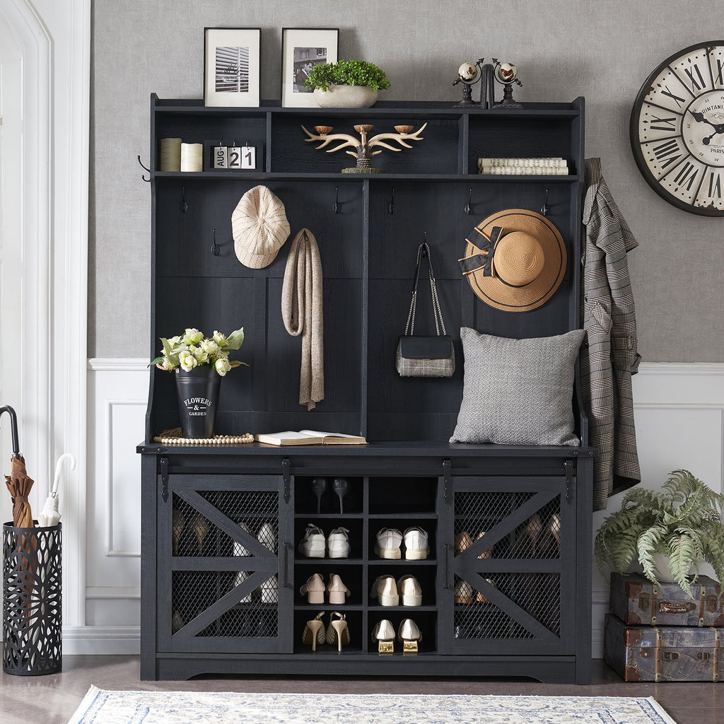 77" High Entryway Bench with Sliding Barn Door and 20 Shoe Cubbies V286648