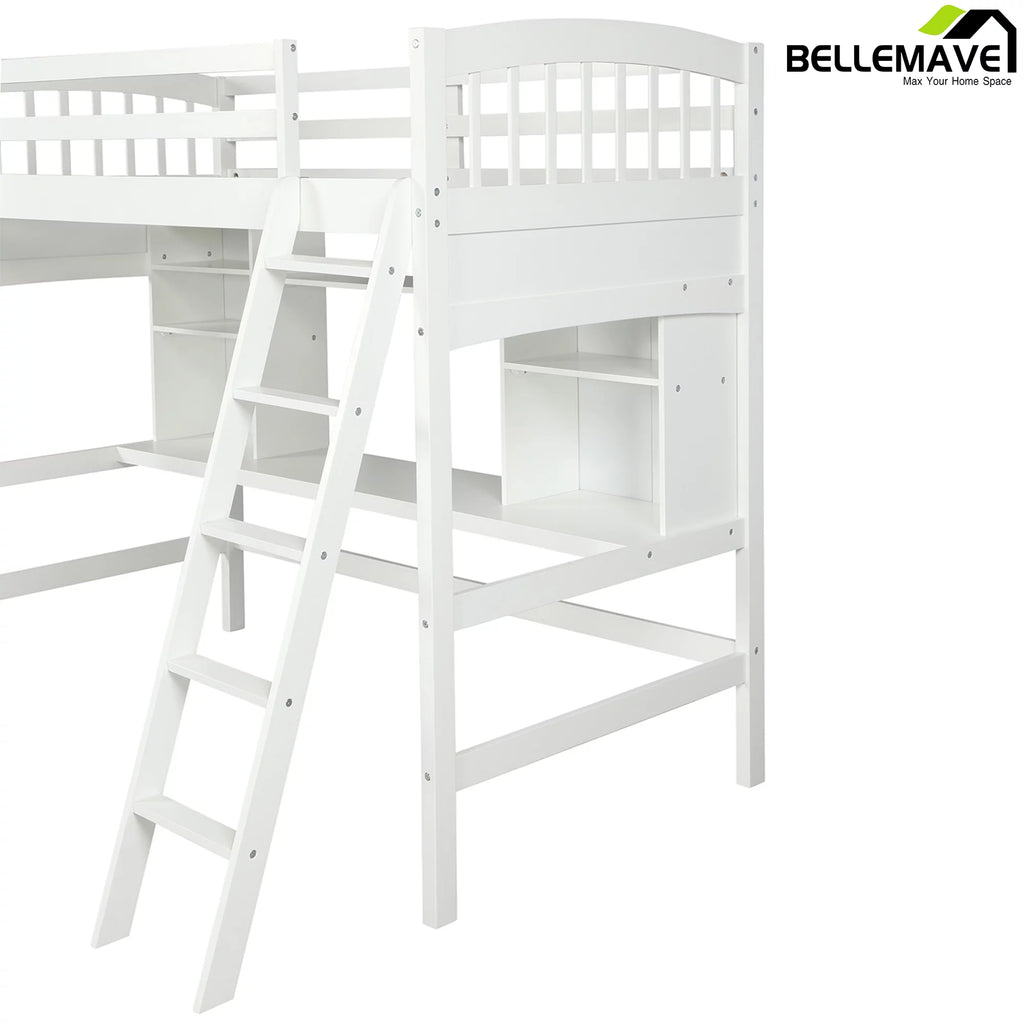 Twin Size High Loft Bed with Storage Shelves, Desk and Ladder Solid Wood Bed Frame with Safety Guardrails White M345
