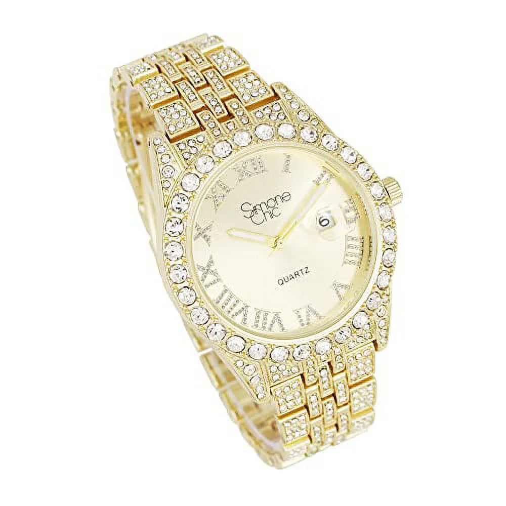 Fully Iced Out Diamond Watch with Roman Numerals Date and Colorful Dials Q649