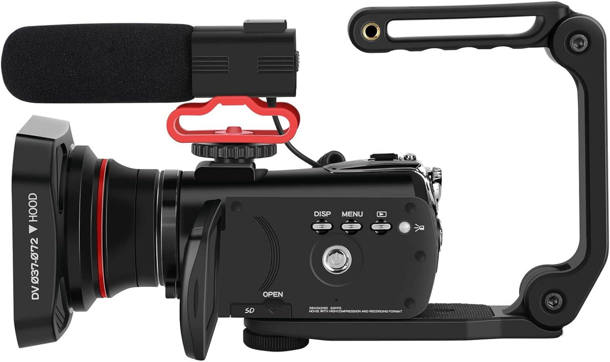 4K Camcorder with Compact Directional Microphone, 37mm Wide Angle Lens, Lens Hood, Foldable Handheld Stabilizer, 32GB SD Card P81099