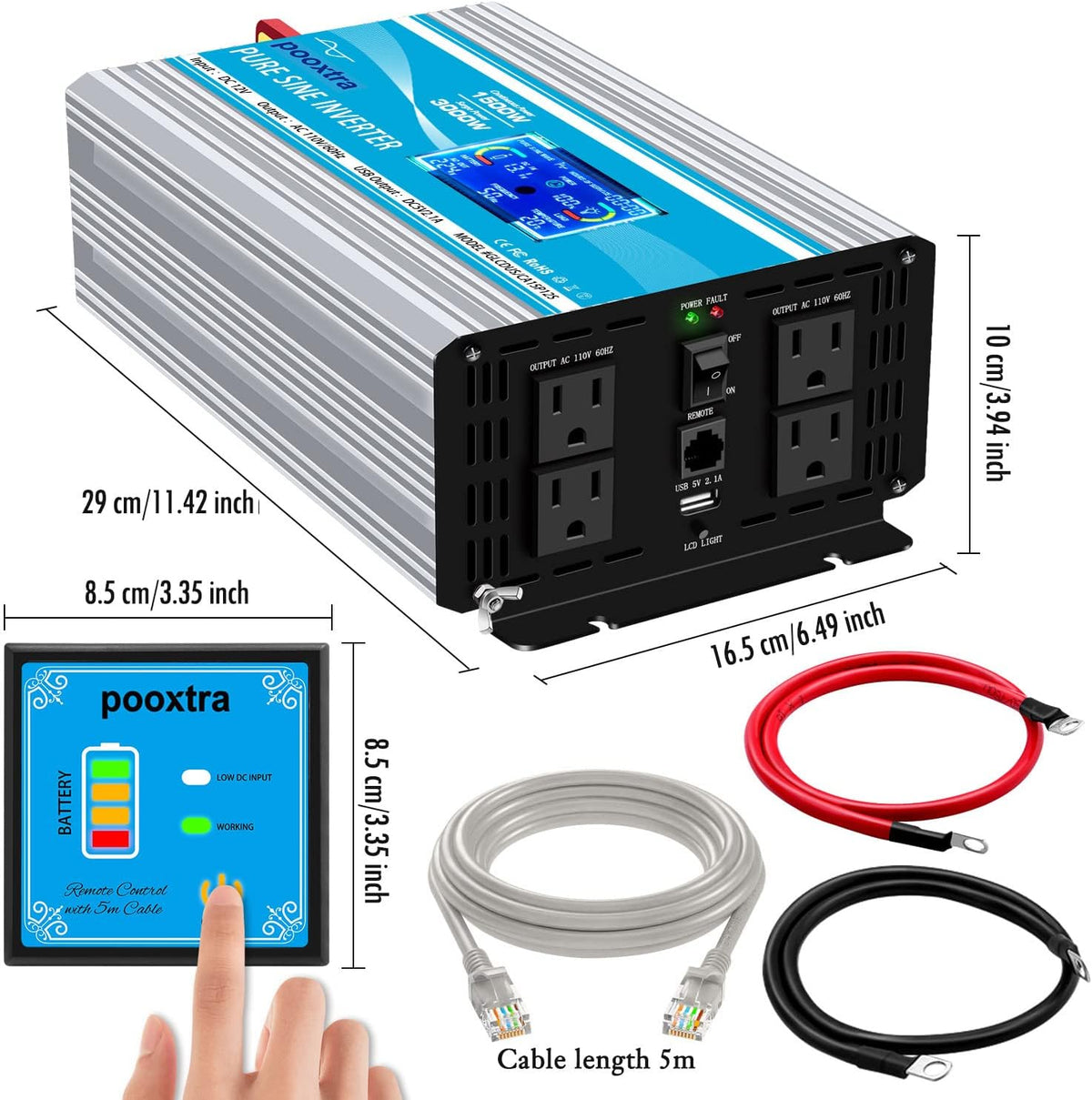 1500 Watt Pure Sine Wave Power Inverter 12V DC to 110V AC with LCD Display USB Port 4 AC Outlets O800