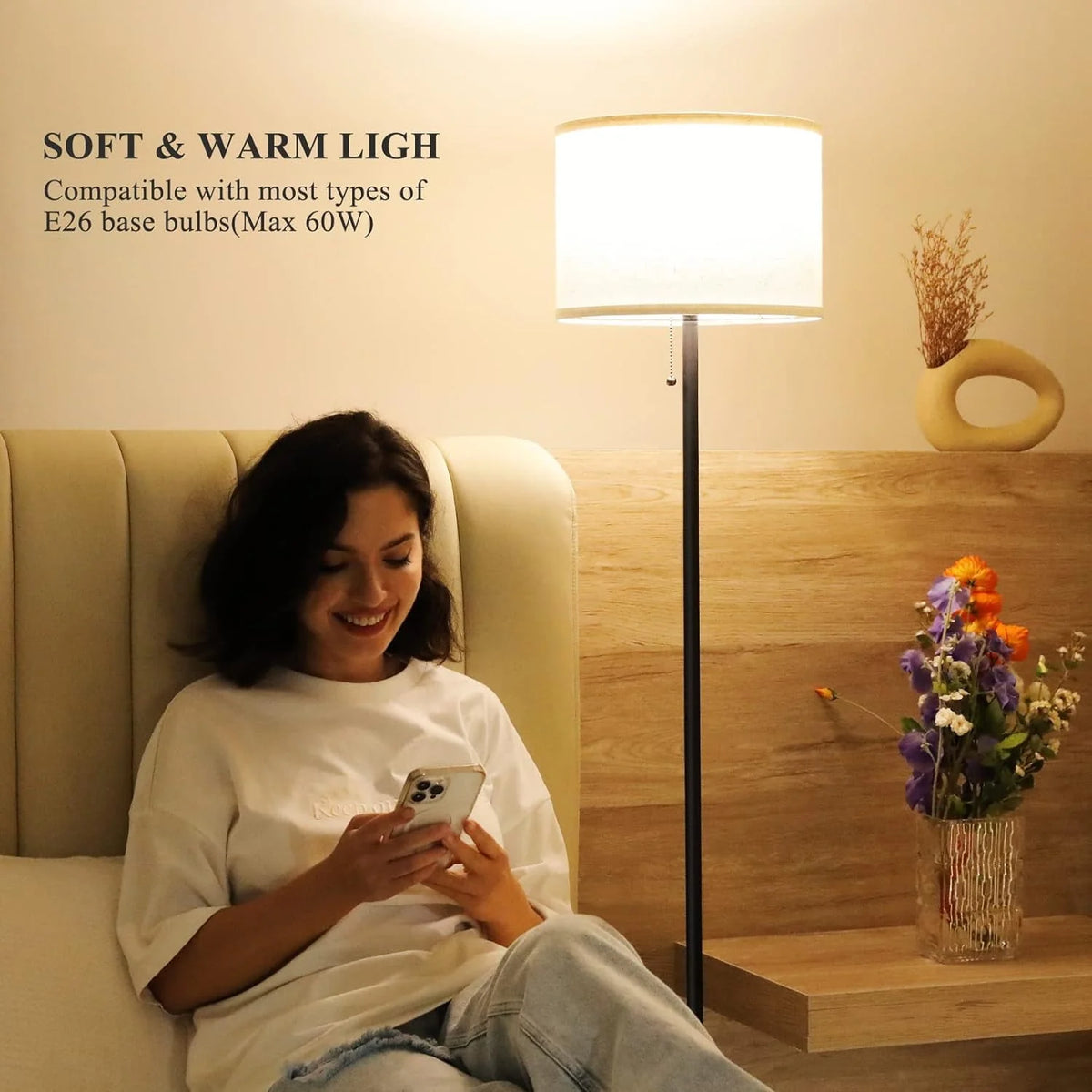 Tall Modern Floor Lamp with Linen Shade F76605