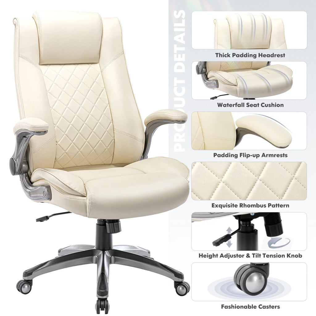 High Back Leather Executive White Office Desk Chair with Flip-up Arms K445
