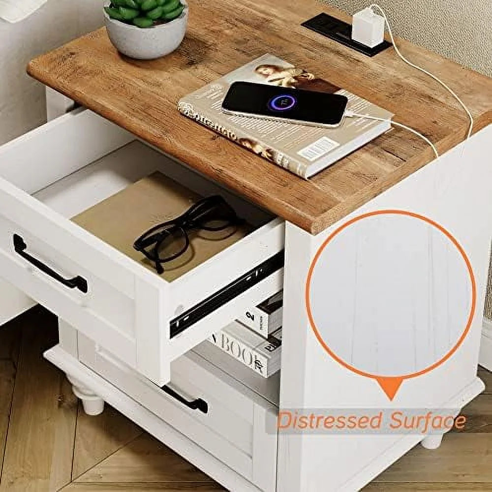 Antique White Nightstand with Charging Station and 2 Drawers C26234