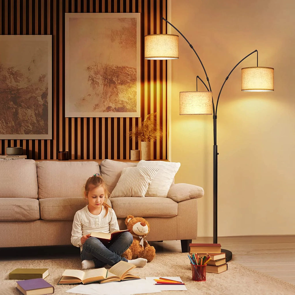 Black Arc Floor Lamp with Linen Lamp Shade A5475