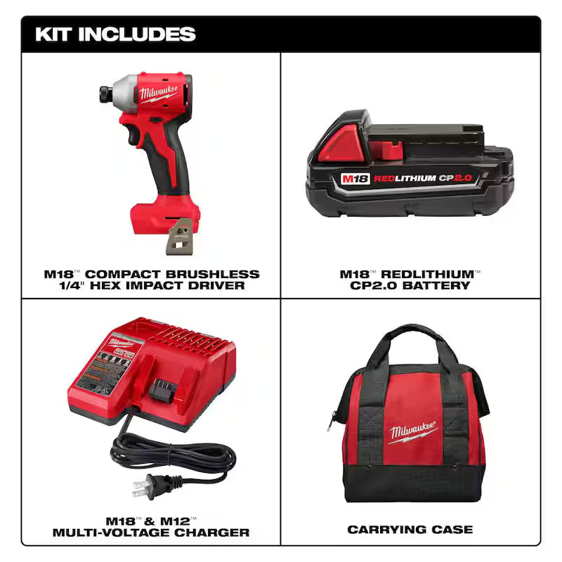 18-Volt Lithium-Ion Compact Brushless Cordless 1/4 in. Impact Driver Kit with 2.0 Ah Battery E31242